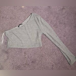 Light Weight Ribbed Cropped Gray One Sleeve Top, Size L